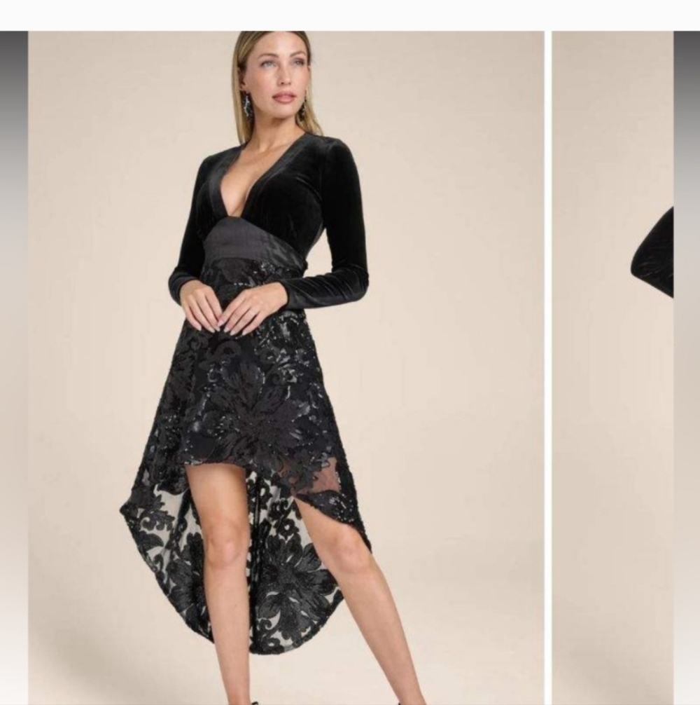 VENUS Black Sequin Lace Hi-Low Midi Dress Long Sleeve Size 2